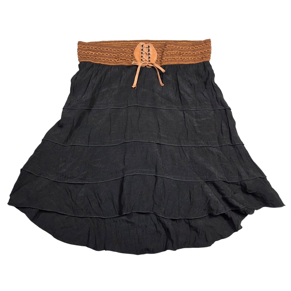 by & by Black Tiered Ruffle High Low Rise Lace Up Corset Waist Y2k Bratz 2000s